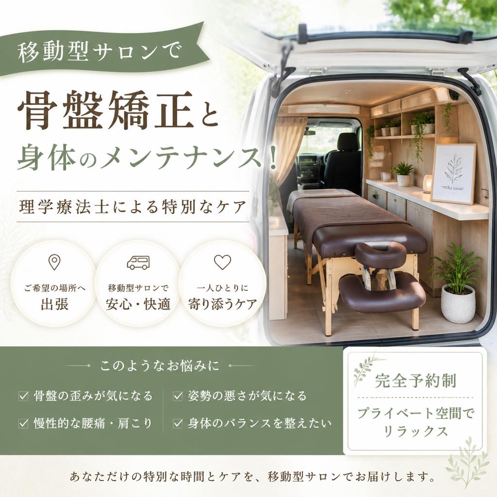 移動型サロンで骨盤矯正と身体のメンテナンス！｜佐倉市で身体の悩みに寄り添う整体サロン